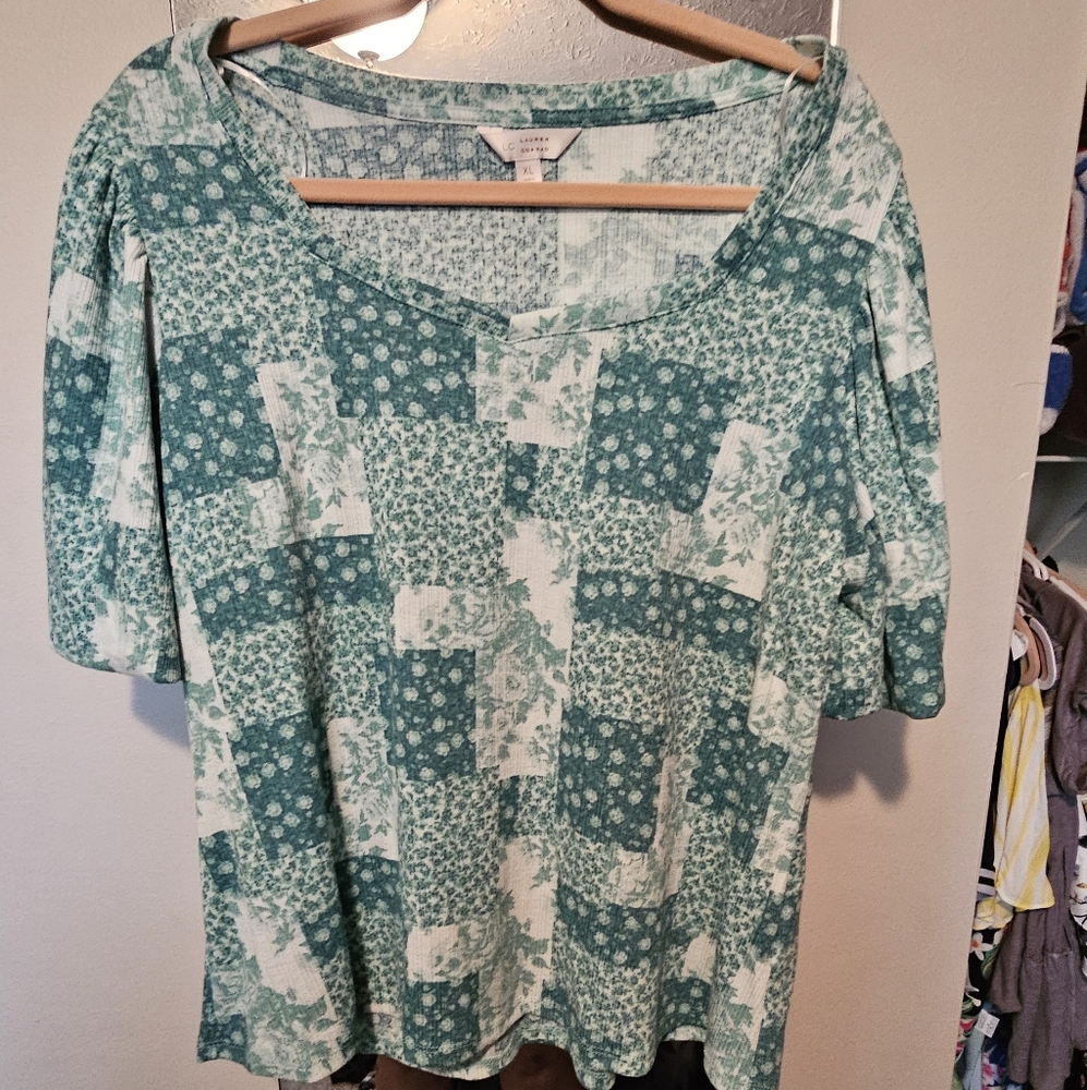 LC Lauren Conrad Teal and Cream Patterned Blouse